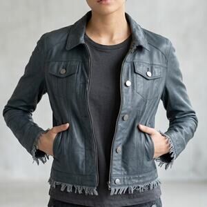 JKT NYC Distressed Charcoal Gray Real Leather Cropped Fringe Jacket S